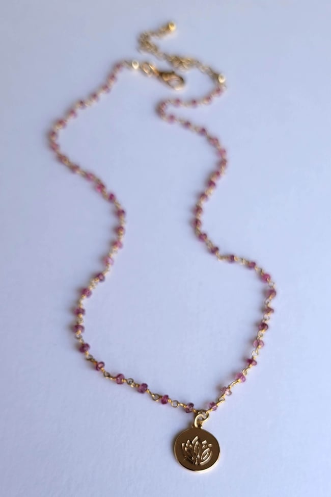Petite and Simple Ruby Rosary Chain Necklace with a Gold Lotus Stamped Pendant