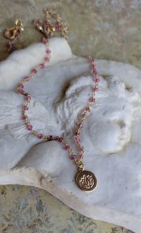 Image 8 of Petite and Simple Ruby Rosary Chain Necklace with a Gold Lotus Stamped Pendant