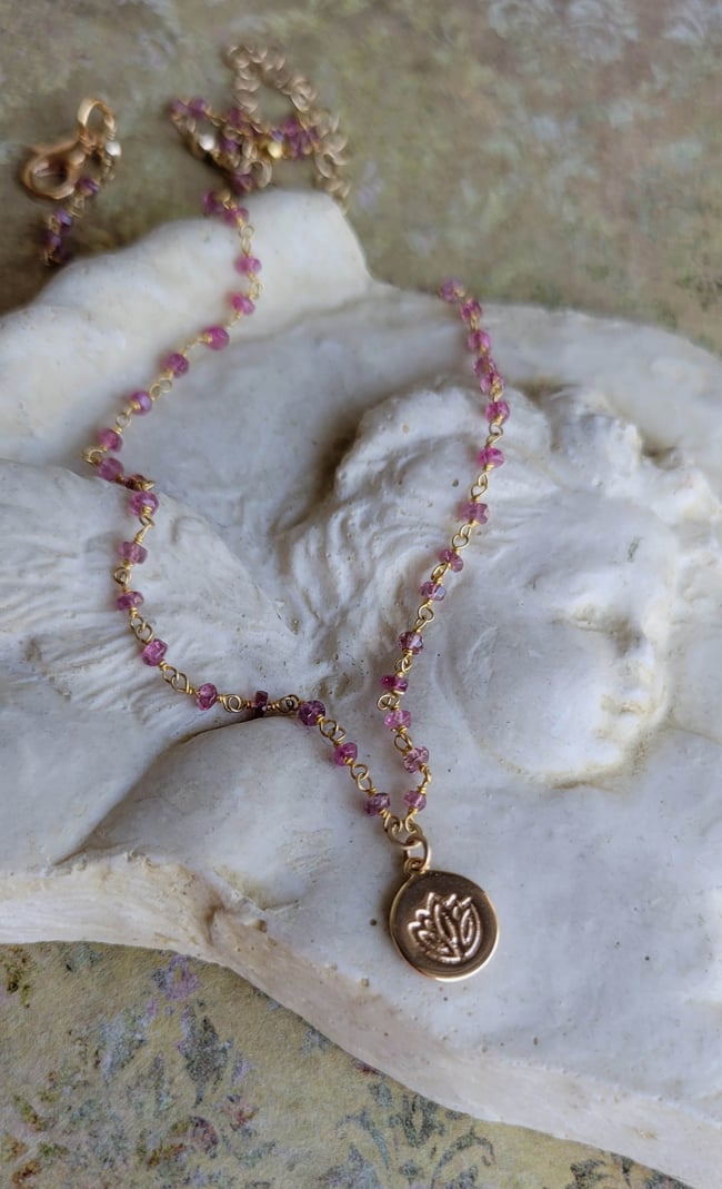 Petite and Simple Ruby Rosary Chain Necklace with a Gold Lotus Stamped Pendant