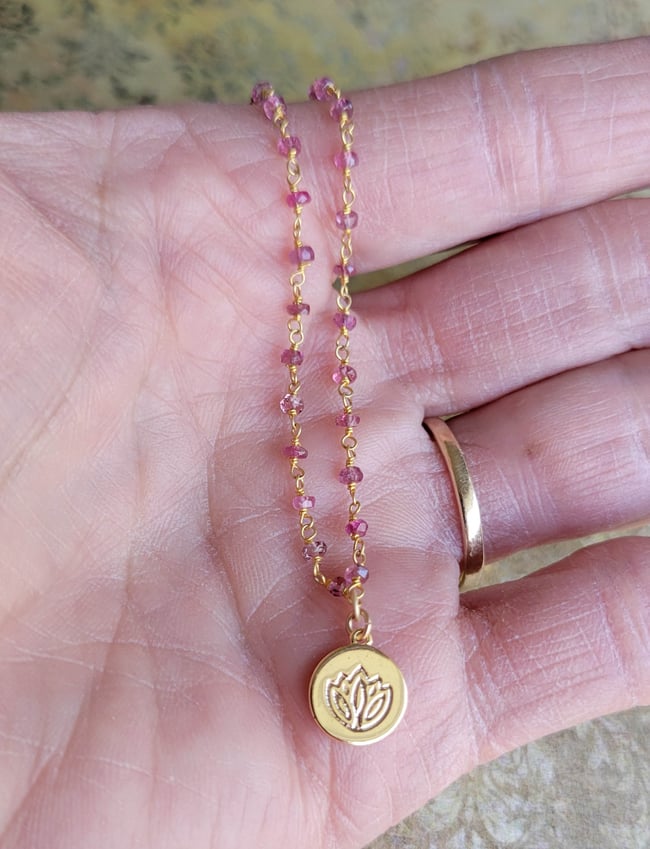 Petite and Simple Ruby Rosary Chain Necklace with a Gold Lotus Stamped Pendant