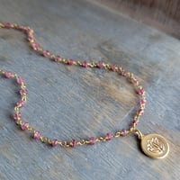 Image 4 of Petite and Simple Ruby Rosary Chain Necklace with a Gold Lotus Stamped Pendant