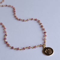 Image 5 of Petite and Simple Ruby Rosary Chain Necklace with a Gold Lotus Stamped Pendant