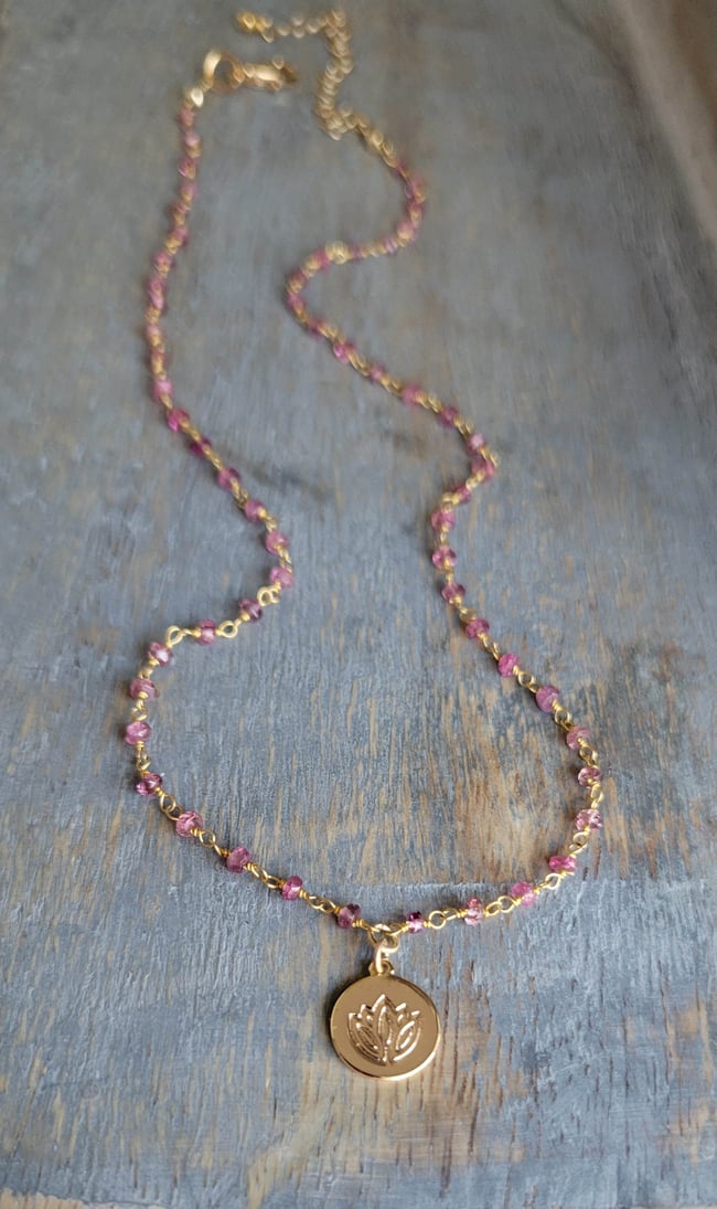 Petite and Simple Ruby Rosary Chain Necklace with a Gold Lotus Stamped Pendant