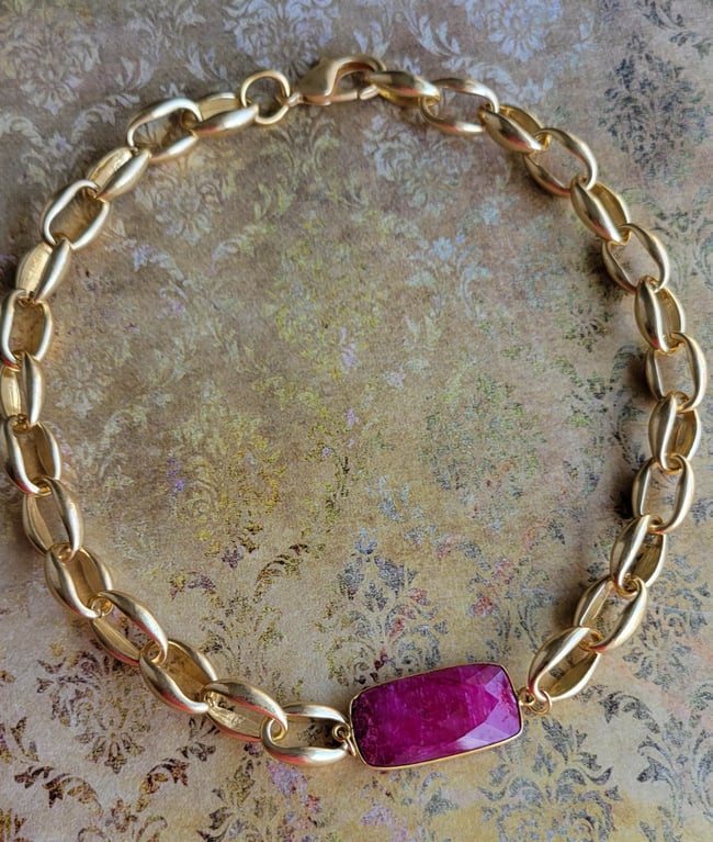 Chunky Gold Chain + Ruby Pink Quartz Necklace