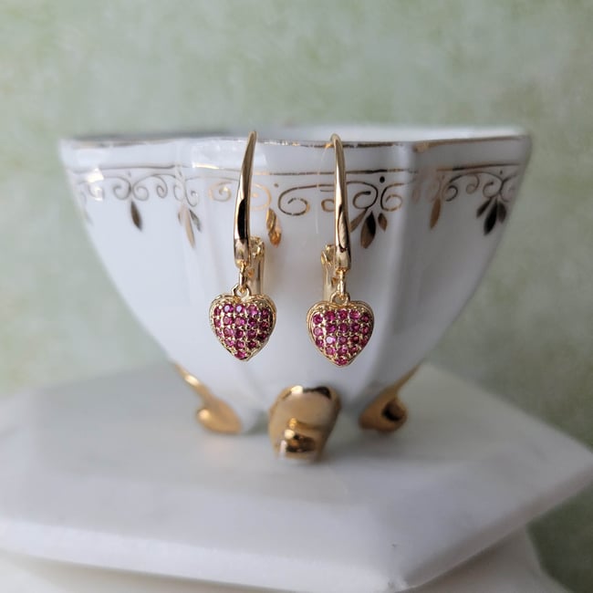 Pave Raspberry CZ/Crystal Sophisticated Heart Valentine Earrings