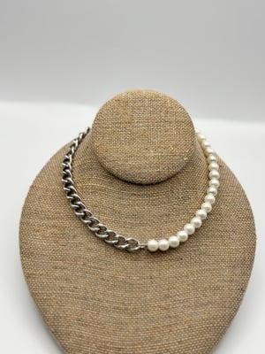 Image of Half Pearl  Half Stainless Steel Cuban Link Chain Necklace