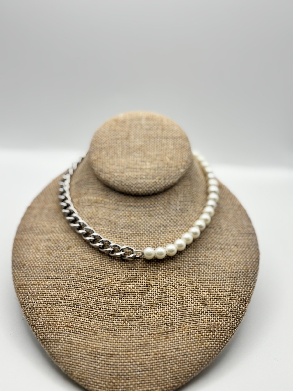 Image of Half Pearl  Half Stainless Steel Cuban Link Chain Necklace