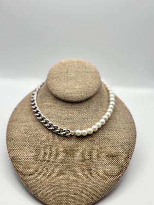 Image of Half Pearl  Half Stainless Steel Cuban Link Chain Necklace