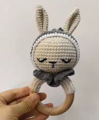 Image 1 of Crochet Bunny Rattle with Grey hood