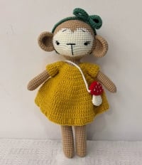 Image 1 of Handmade Crochet Monkey with Mustard Dress & Toadstool Bag