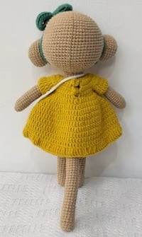 Image 2 of Handmade Crochet Monkey with Mustard Dress & Toadstool Bag