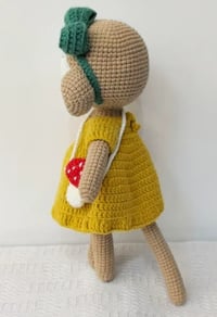 Image 3 of Handmade Crochet Monkey with Mustard Dress & Toadstool Bag
