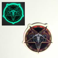 Image 1 of Glow In The Dark Satanic Baphomet Within A Red Pentagram Glossy Finish Vinyl Sticker