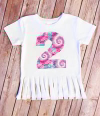 Image 1 of Tie Dye Boho Fringe Girl’s Birthday Shirt Party Top