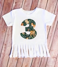Image 1 of Woodland Forest Animals Birthday Fringe Shirt Girl’s Deer Fox Party Top