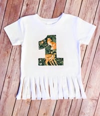 Image 2 of Woodland Forest Animals Birthday Fringe Shirt Girl’s Deer Fox Party Top
