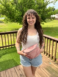 Image 8 of Pink Hand Burned Crossbody Fanny Pack with Bows
