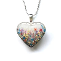 Image 2 of Rainbow Wild Flower Meadow Hand Painted Resin Heart Pendant