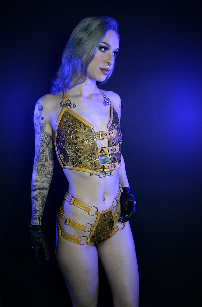 Image of MUSTARD BUCKLE HALTERNECK TOP