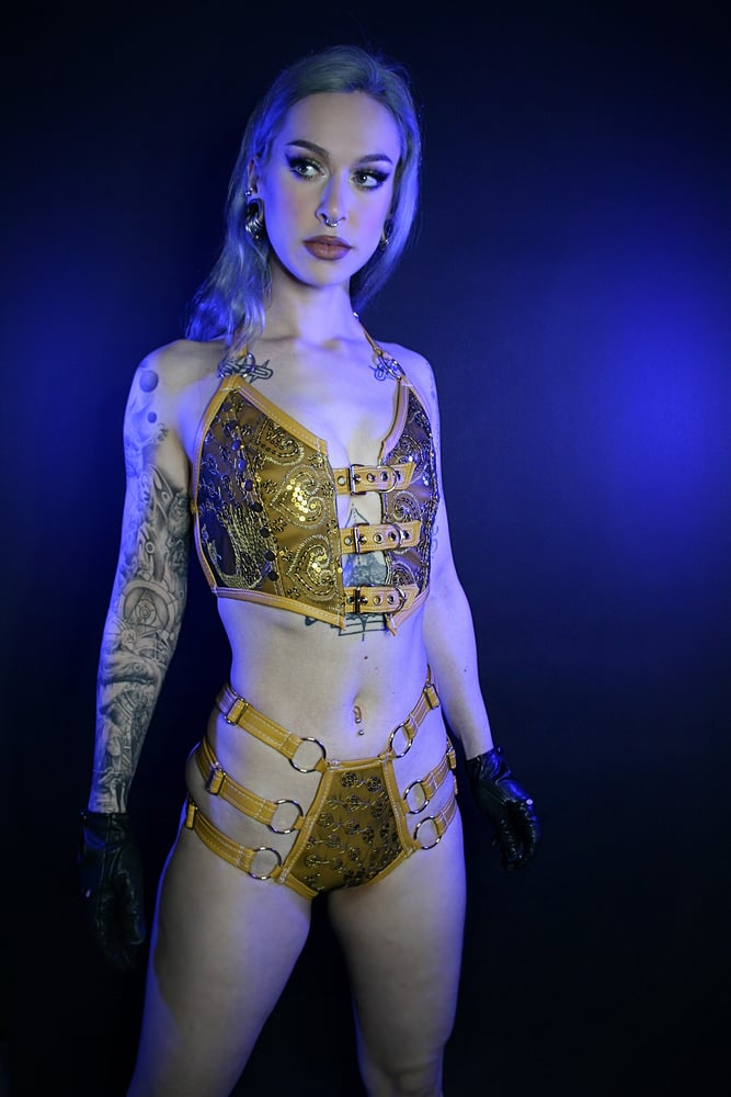 Image of MUSTARD BUCKLE HALTERNECK TOP