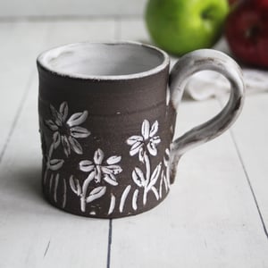 Image of Small Rustic Brown Raw Stoneware Coffee Cup with Hand Carved Flowers, Made in USA