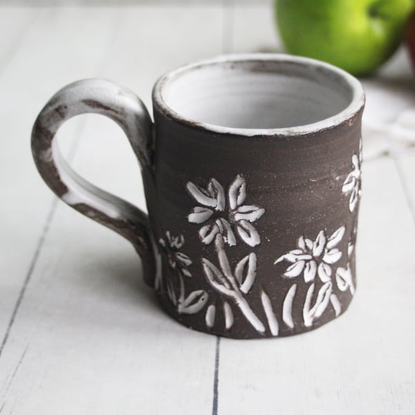 Image of Small Rustic Brown Raw Stoneware Coffee Cup with Hand Carved Flowers, Made in USA