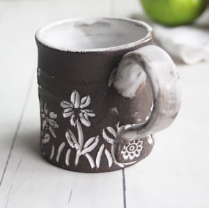 Image of Small Rustic Brown Raw Stoneware Coffee Cup with Hand Carved Flowers, Made in USA