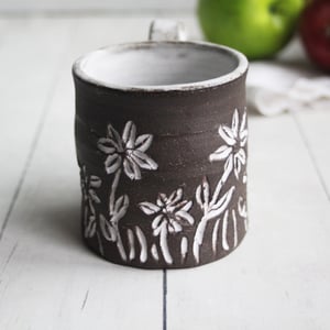 Image of Small Rustic Brown Raw Stoneware Coffee Cup with Hand Carved Flowers, Made in USA