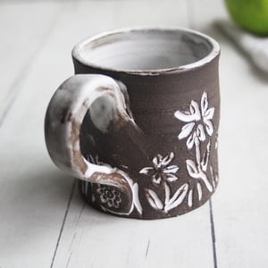 Image of Small Rustic Brown Raw Stoneware Coffee Cup with Hand Carved Flowers, Made in USA