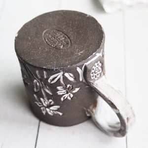 Image of Small Rustic Brown Raw Stoneware Coffee Cup with Hand Carved Flowers, Made in USA