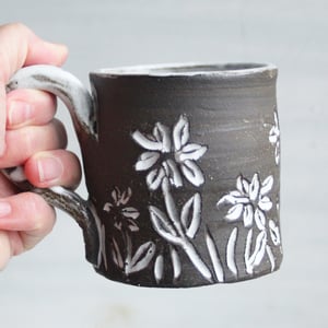 Image of Small Rustic Brown Raw Stoneware Coffee Cup with Hand Carved Flowers, Made in USA