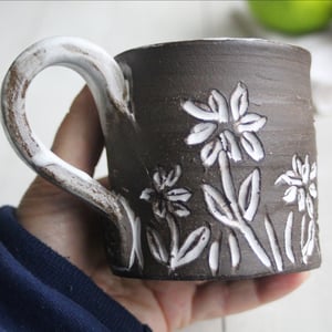 Image of Small Rustic Brown Raw Stoneware Coffee Cup with Hand Carved Flowers, Made in USA