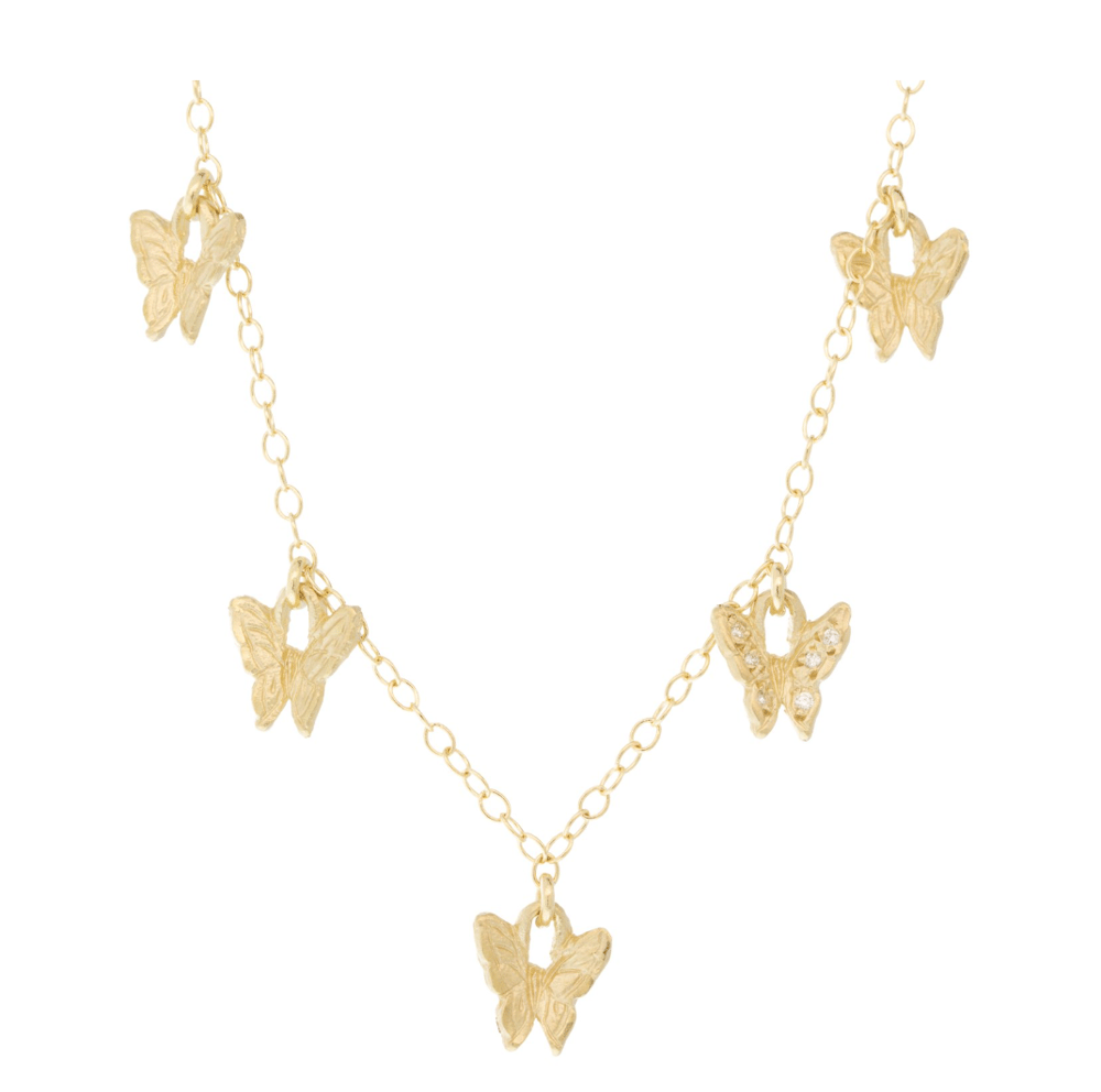Image of 14 kt and 5 Pave Diamond Butterflies Necklace