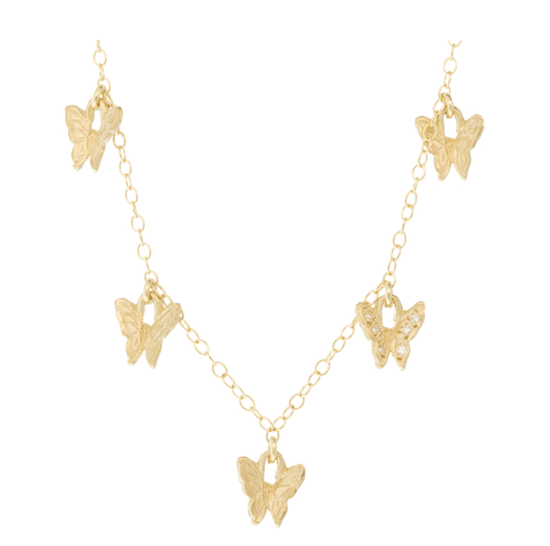 Image of 14 kt and 5 Pave Diamond Butterflies Necklace