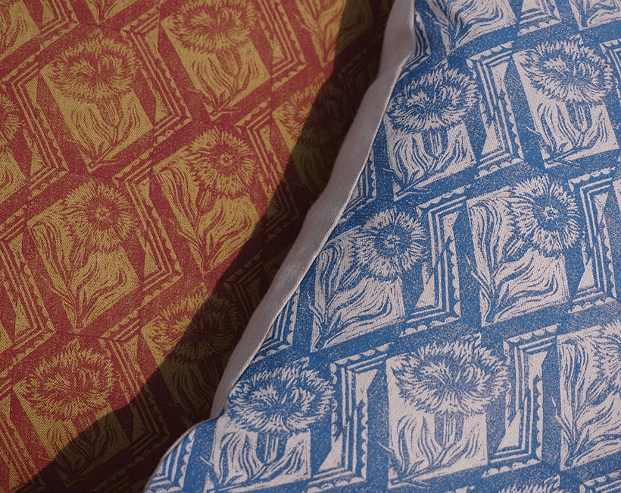 Image of Garden Pinks - Block Printed - Cushion - Plaster + Slate Blue