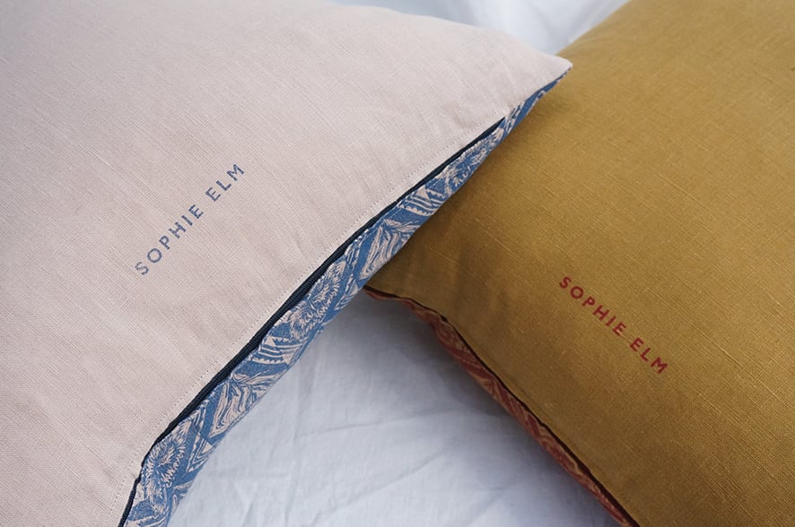 Image of Garden Pinks - Block Printed - Cushion - Plaster + Slate Blue