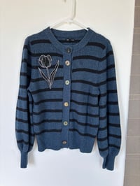 Image 1 of Upcycled Tulip Patch Cardigan – Striped Blue Knit Sweater with Colorful Buttons, One of a Kind
