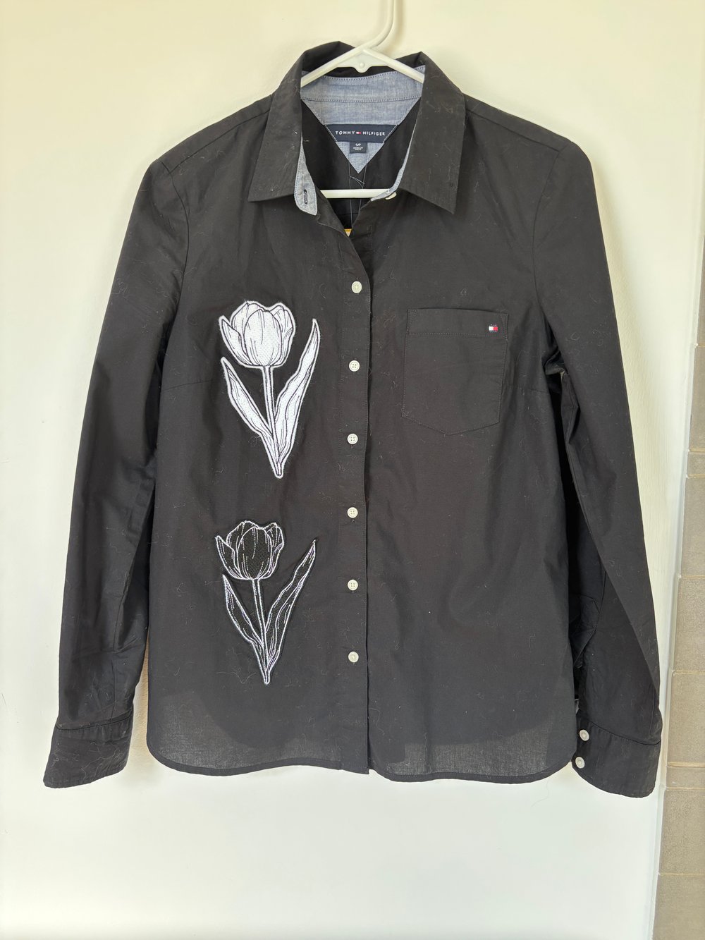 Image of Black Button-Down Shirt with Handmade Tulip Patches | Upcycled Tommy Hilfiger | Size Small