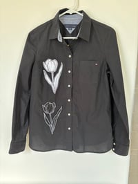 Black Button-Down Shirt with Handmade Tulip Patches | Upcycled Tommy Hilfiger | Size Small