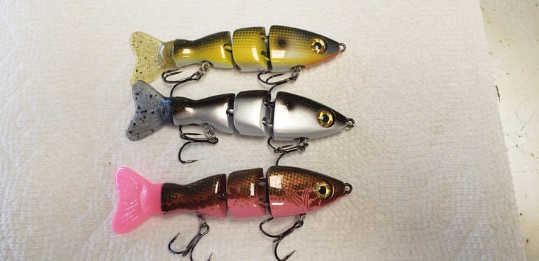 Image of 5 inch 3 pack. Bluegill, Shad, Bubblegum Bass.