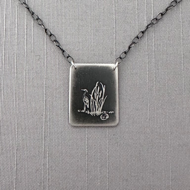 Sterling Silver Heron and Muskrat Among Cattails Rectangle Necklace Image 3