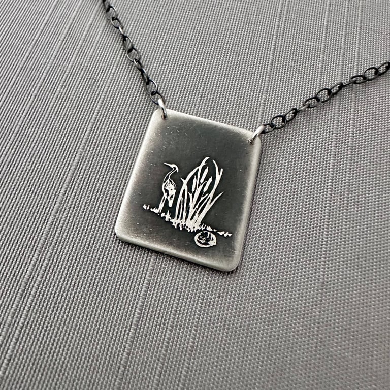 Sterling Silver Heron and Muskrat Among Cattails Rectangle Necklace Image 4