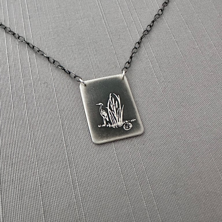 Sterling Silver Heron and Muskrat Among Cattails Rectangle Necklace