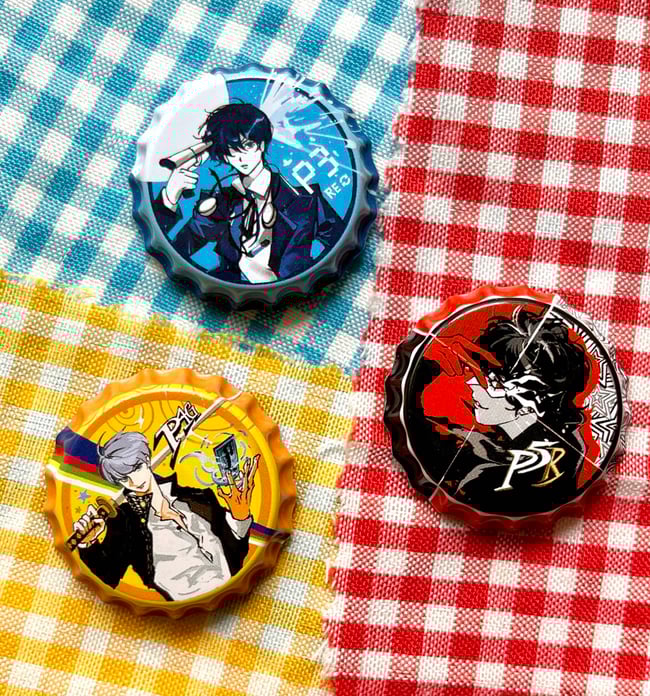 Persona 3/4/5 Protagonist Bottle Cap Pins & Stickers