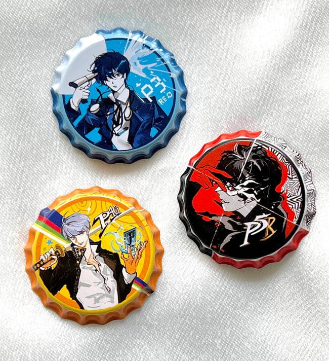 Persona 3/4/5 Protagonist Bottle Cap Pins & Stickers