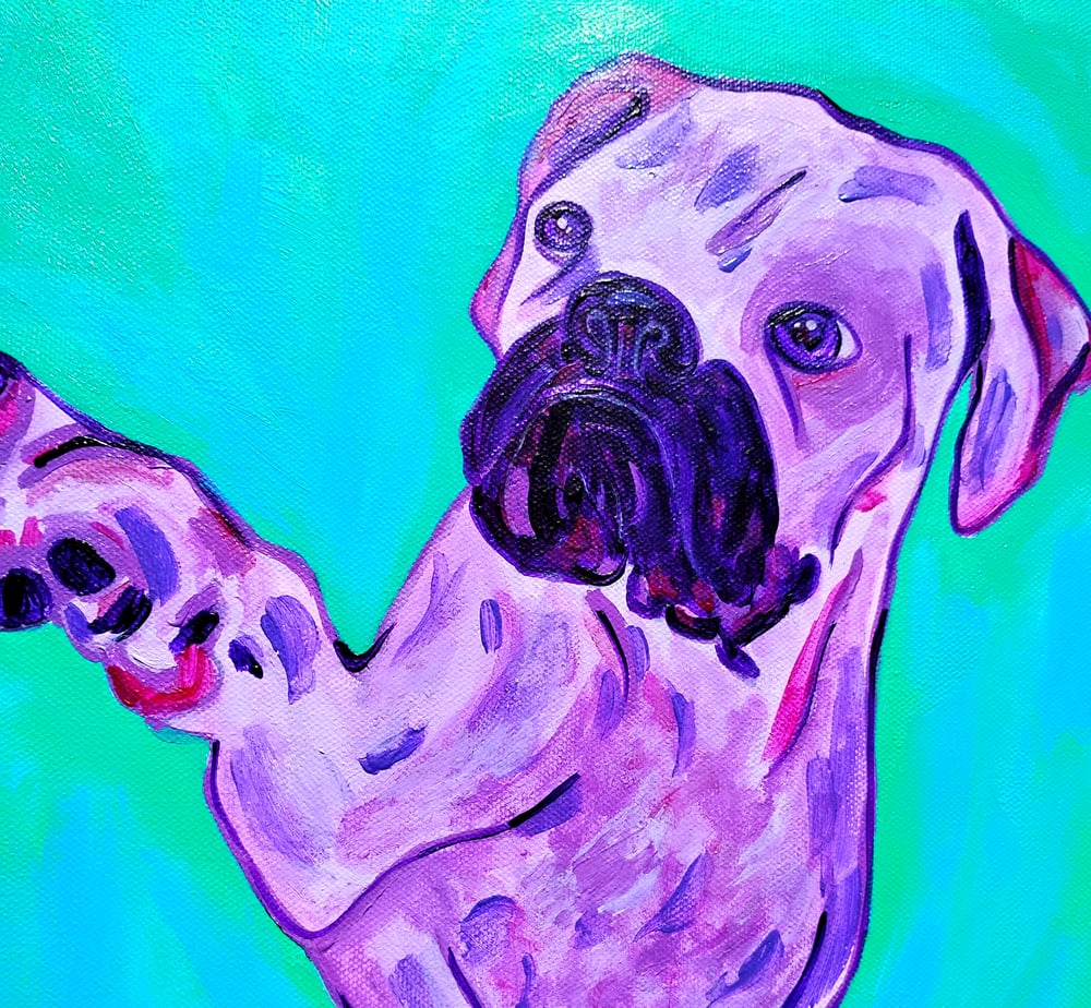 Purple Boxer Pawing Bluegrass Green 12x16