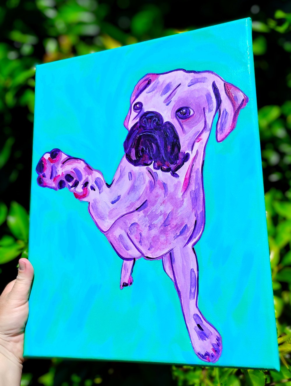 Purple Boxer Pawing Bluegrass Green 12x16