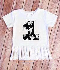 Image 1 of Ghosts Birthday Fringe Top Girl’s Boho Spooky Season Halloween Birthday Shurt