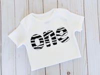 Image 1 of Zebra Print First Birthday “One” Baby Bodysuit Neutral Boy Girl Party Top