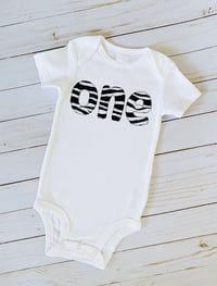 Image 3 of Zebra Print First Birthday “One” Baby Bodysuit Neutral Boy Girl Party Top